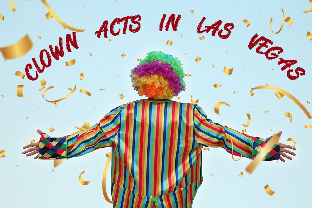 clown-acts back of happy clown with gold confetti.