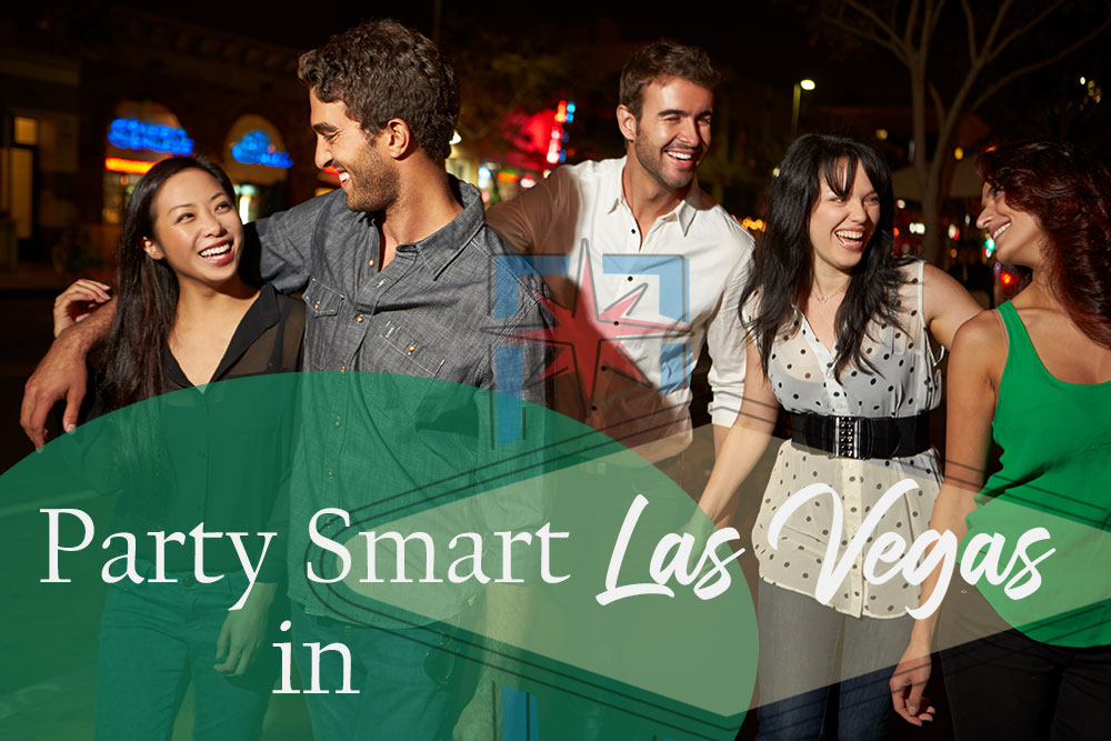 party-smart-las-vegas group of friends walking down the street in Las Vegas at night having fun.